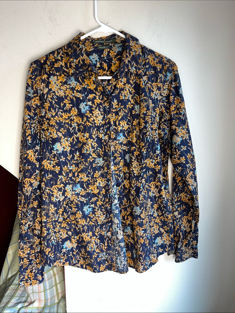 Eddie Bauer Navy Button-Down Shirt with Yellow & Light Blue Floral Print TM